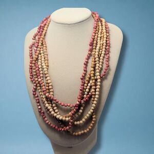 Vintage Mottled Stone Bead Necklace Set in Cream Pink and Tan